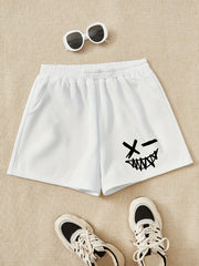 Girls Winking Smile Print Sweat Shorts Elastic Waist Casual Sports Clothes