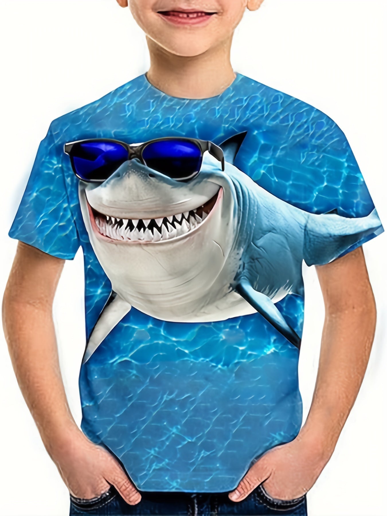 Shark Sunglasses Graphic Tee for Boys Breathable & Stretchy Summer Shirt