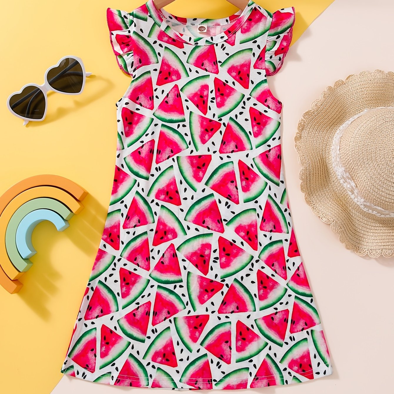 Girls Watermelon Graphic Dress Ruffled Sleeves Crew Neck Kids Summer Clothes