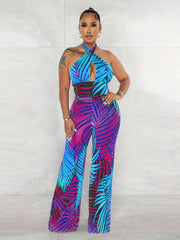 Tropical Print Halter Neck Jumpsuit Backless Wide Leg