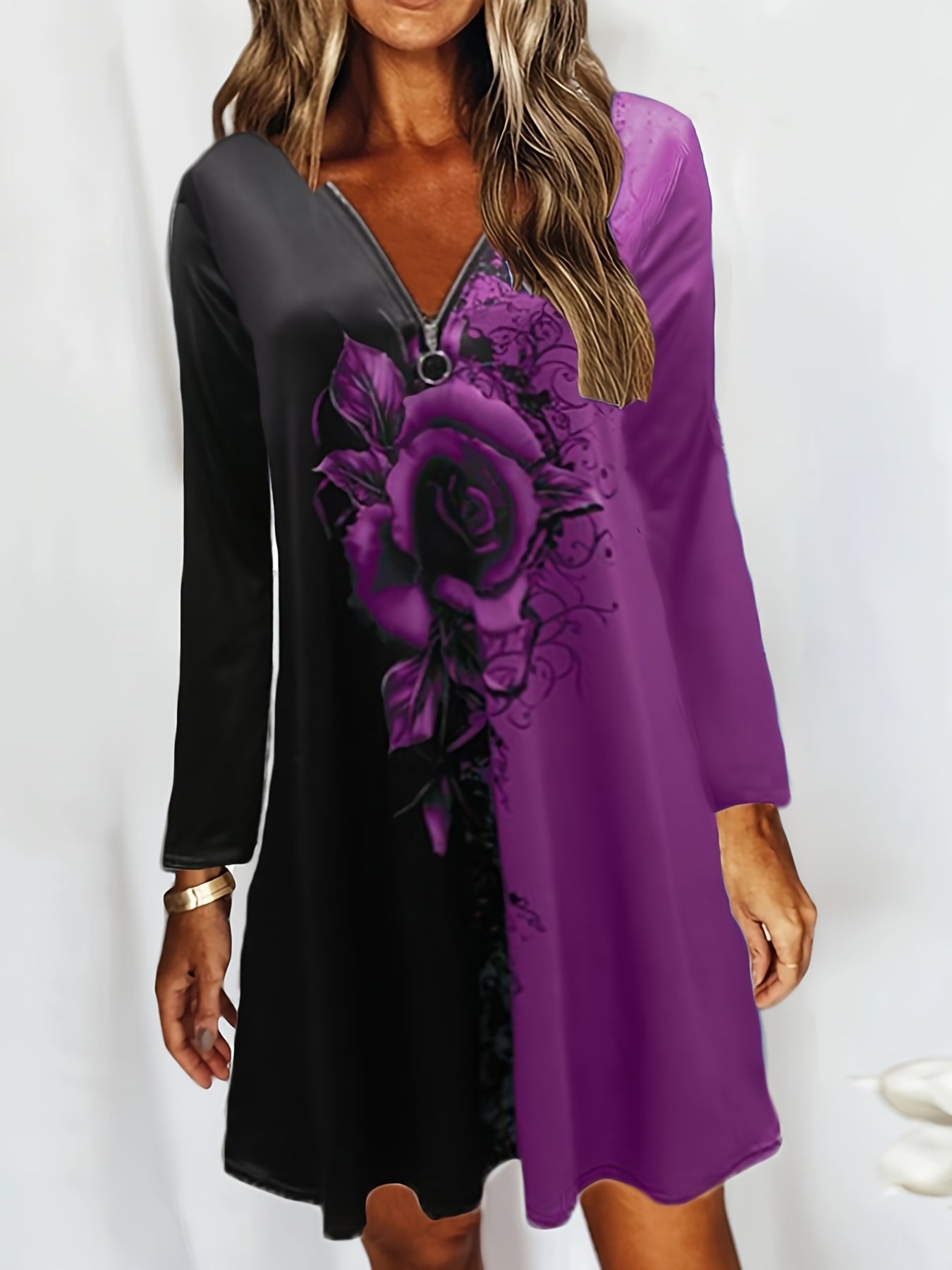 Floral Print Zip V Neck Dress Long Sleeve Casual Mini Dress