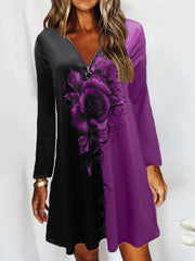 Floral Print Zip V Neck Dress Long Sleeve Casual Mini Dress