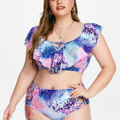 Animal Print Ruffle Trim Swimsuit Set