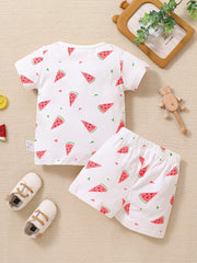 2pcs Baby Girls Watermelon Print Tee & Shorts Set Toddler Clothes