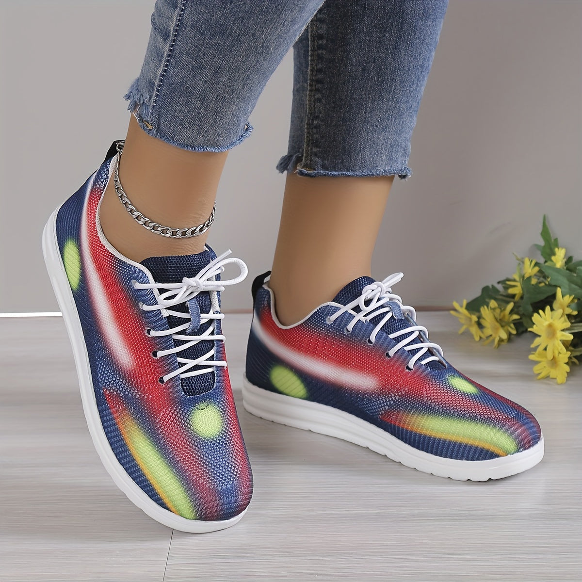 Women's Abstract Pattern Mesh Sneakers Lace Up Casual Slip On Trainers