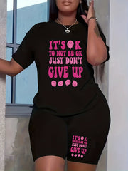 Smiley Face & Slogan Print Top & Shorts Set