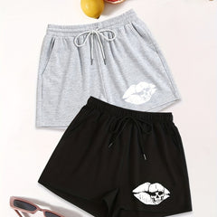 Lips & Skull Print Drawstring Waist Shorts 2 Pack