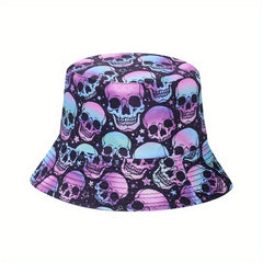 Unisex Sunshade Bucket Hat With Mushroom Skull Print for Outdoor Travel