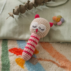 Crochet Owl Bell Toy Soft Nylon Sensory Stimulation Bead Eyes Pink Teething Toy