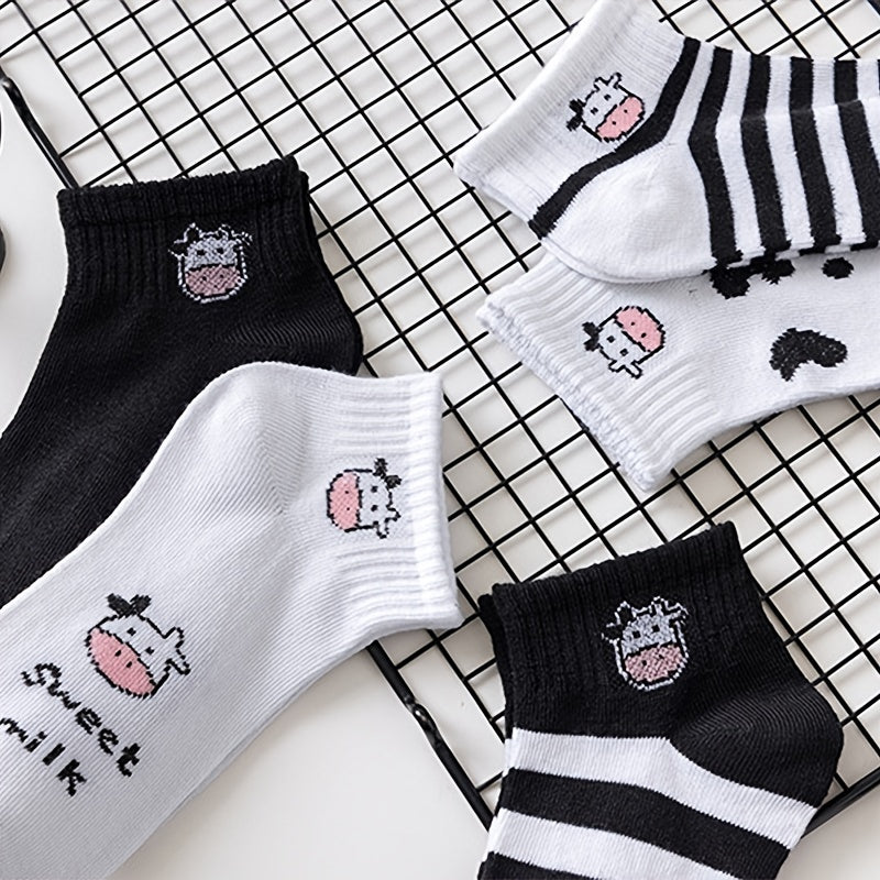 5 Pairs Mixed Pattern Socks Cow Spots Striped Ankle Women's Stockings