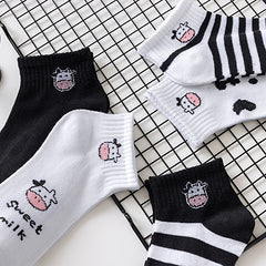 5 Pairs Mixed Pattern Socks Cow Spots Striped Ankle Women's Stockings