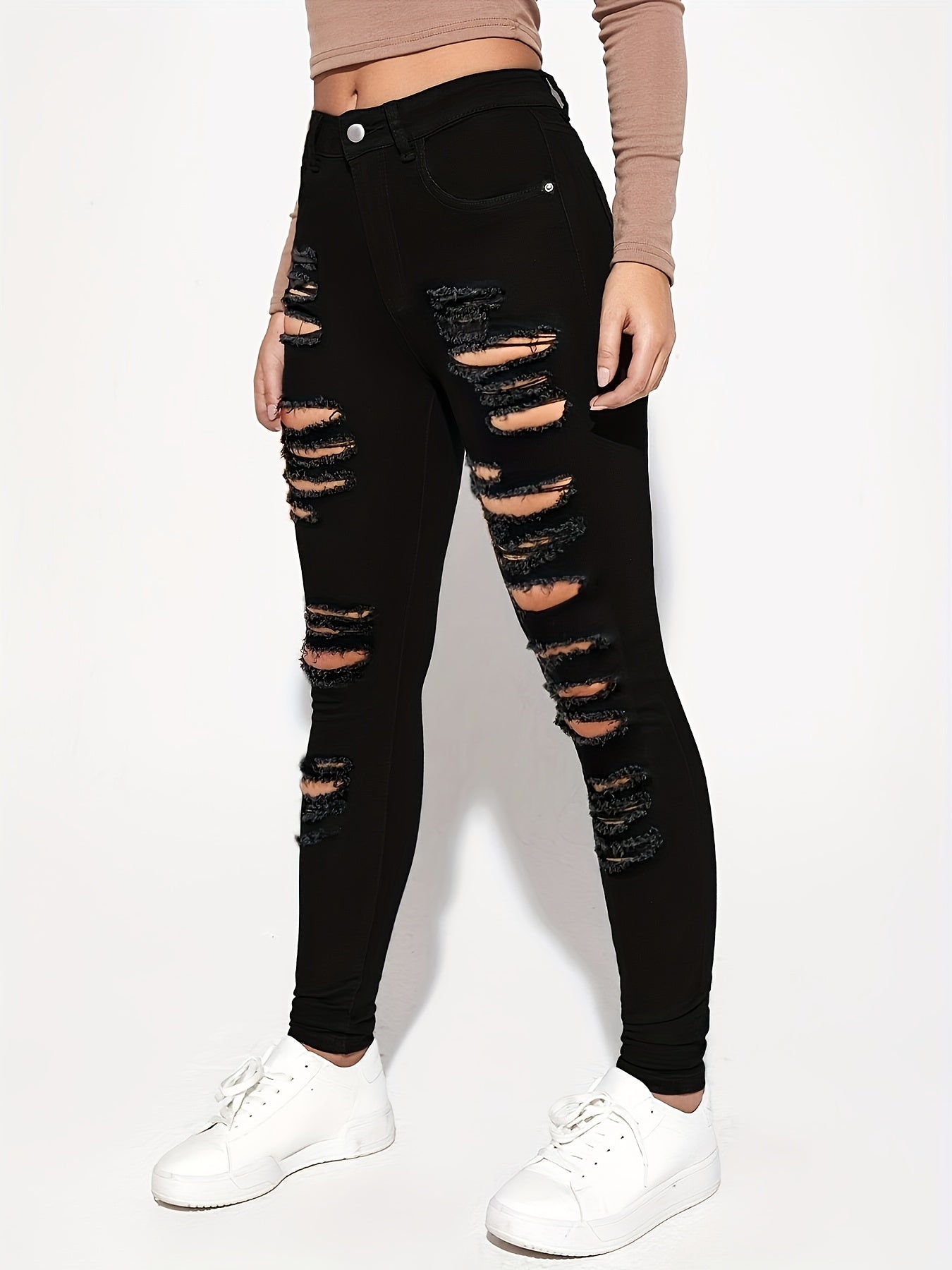 High Waist Skinny Jeans Distressed Denim Pants