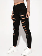 High Waist Skinny Jeans Distressed Denim Pants