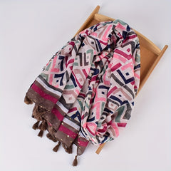 Boho Geometric Print Tassel Scarf - Vintage Style Shawl