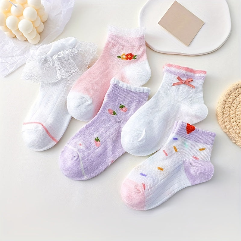 5 Pairs Cartoon Ruffled Flower Breathable Socks for Girls