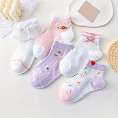 5 Pairs Cartoon Ruffled Flower Breathable Socks for Girls