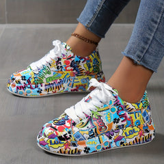 Graffiti Pattern Platform Skate Shoes Faux Leather Lace Up Sneakers