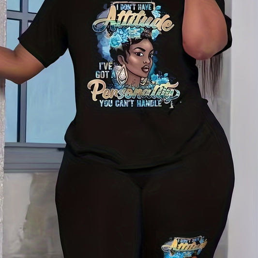 Cartoon Lady & Slogan Print Top & Biker Shorts Set