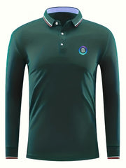 Men's B Print Polo Shirt Casual Slightly Stretch Breathable Button