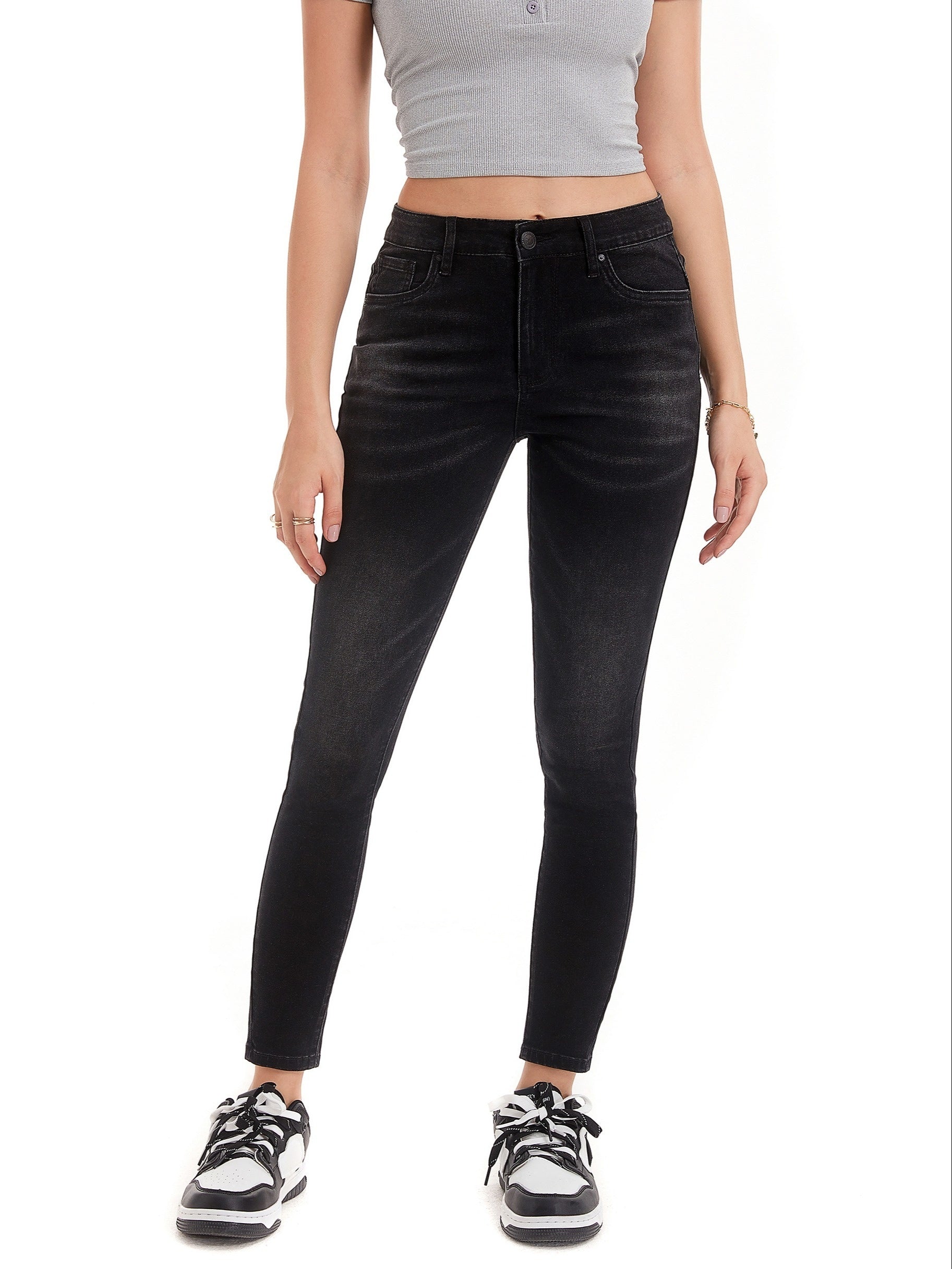 Plus Solid High Rise Button Fly High Stretch Skinny Jeans