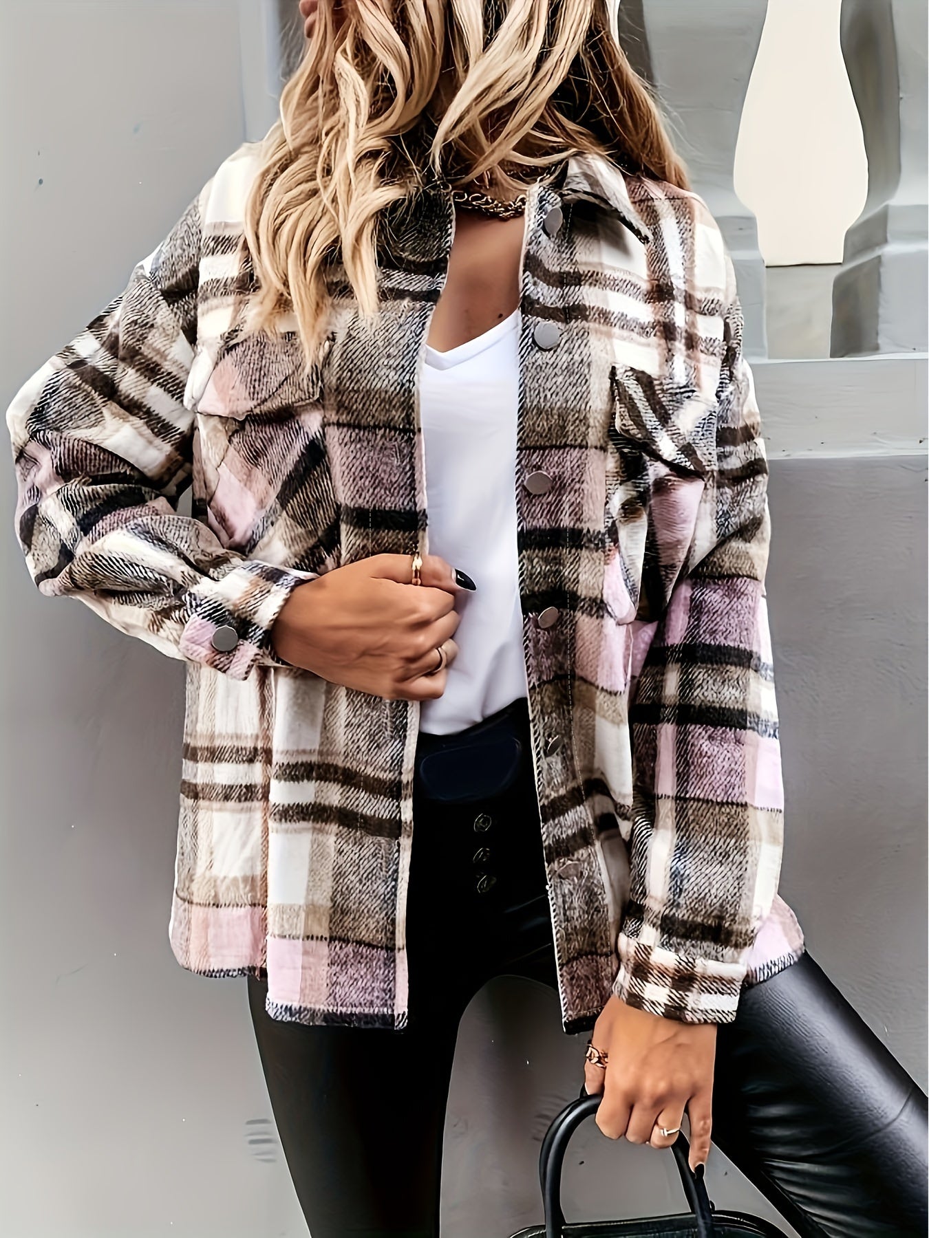Plaid Print Button Up Long Sleeve Shacket