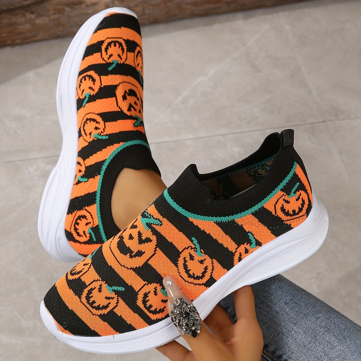 Women's Ghost Face Pumpkin Pattern Shoes Halloween Slip On Low Top Sock Sneakers