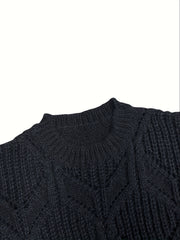 Solid Pointelle Knit Crew Neck Long Sleeve Sweater