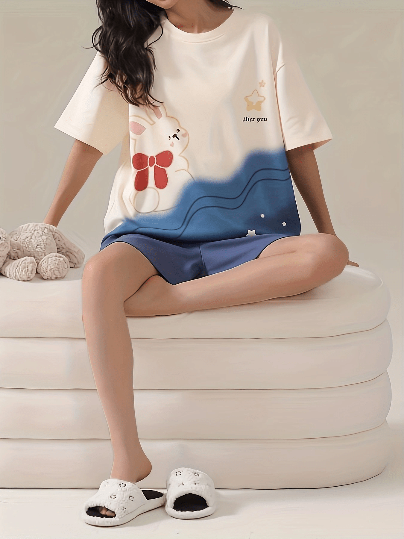 Bunny Print Pajamas Set Short Sleeve Top & Shorts Women's Sleepwear