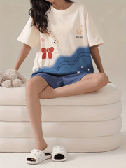 Bunny Print Pajamas Set Short Sleeve Top & Shorts Women's Sleepwear
