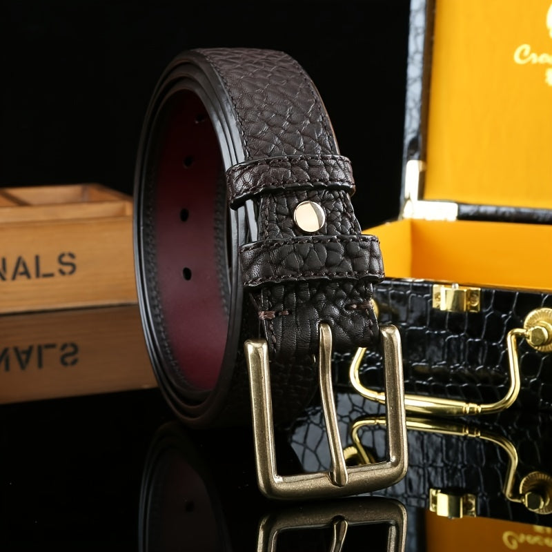 Men's Classic Copper Buckle Belt, Cowhide with Unique Texture, 1.5in Width