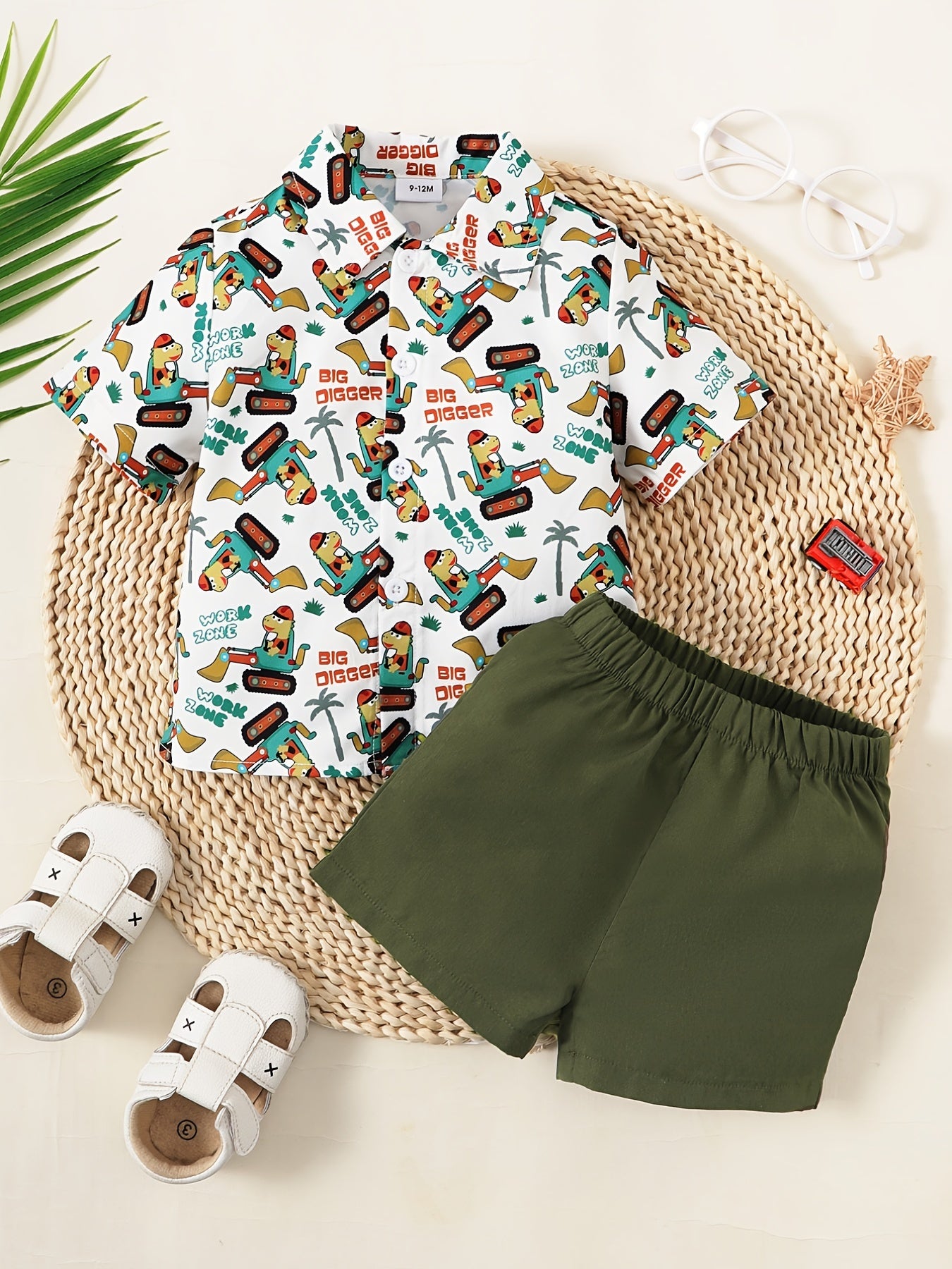 2pcs Baby Boys Cartoon Print Shirt & Shorts Set for Summer