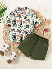 2pcs Baby Boys Cartoon Print Shirt & Shorts Set for Summer