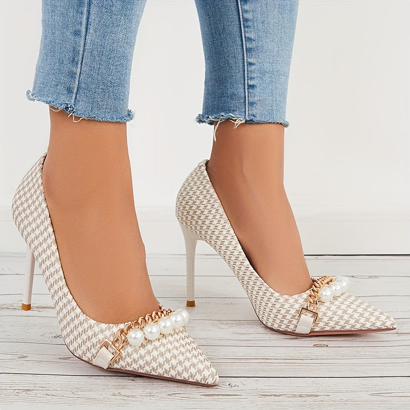 Houndstooth High Heels Faux Pearl Chain Pointed Toe Stiletto Heels