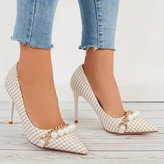 Houndstooth High Heels Faux Pearl Chain Pointed Toe Stiletto Heels