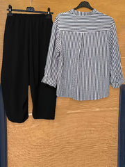 Striped Print Button Blouse & Wide Leg Pants Set