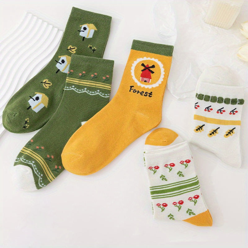 5 Pairs Floral Print Socks Mid Tube Women's Stockings