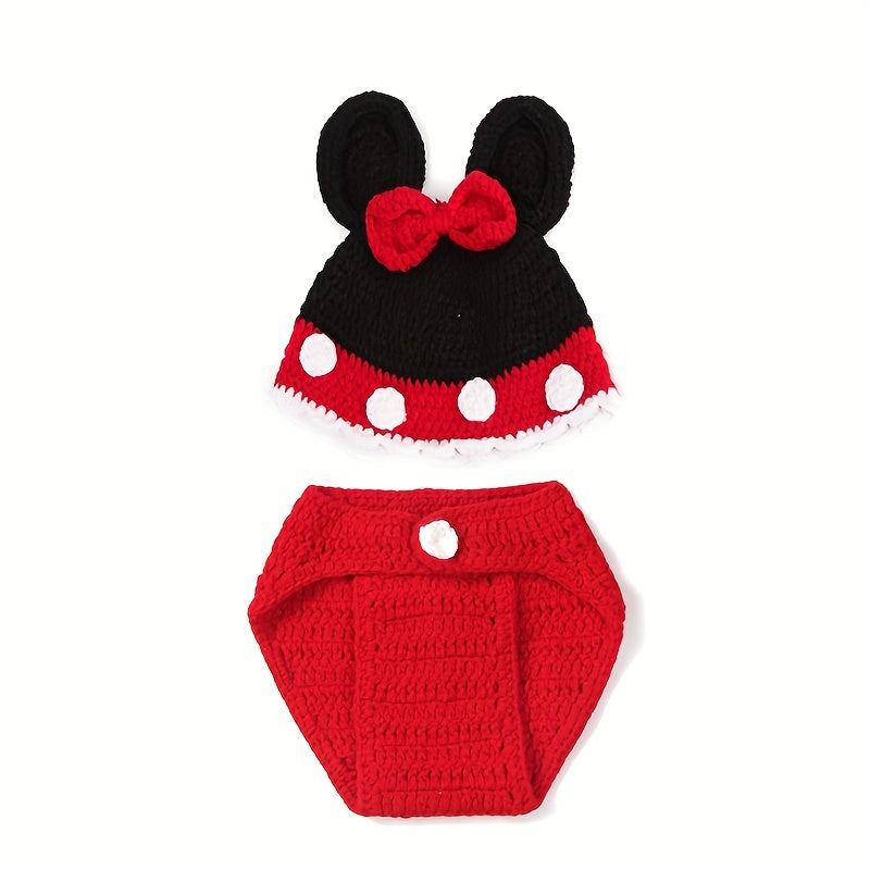 2pcs Boys Mouse Polka Dot Knit Hat Underwear Bottoms Wool Photography Suit