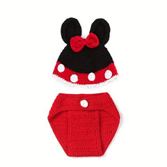 2pcs Boys Mouse Polka Dot Knit Hat Underwear Bottoms Wool Photography Suit