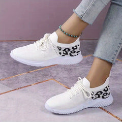 Leopard Print Sneakers Breathable Knitted Lace Up Low Top Running Shoes