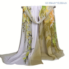 Chiffon Flower Print Gradient Long Scarf