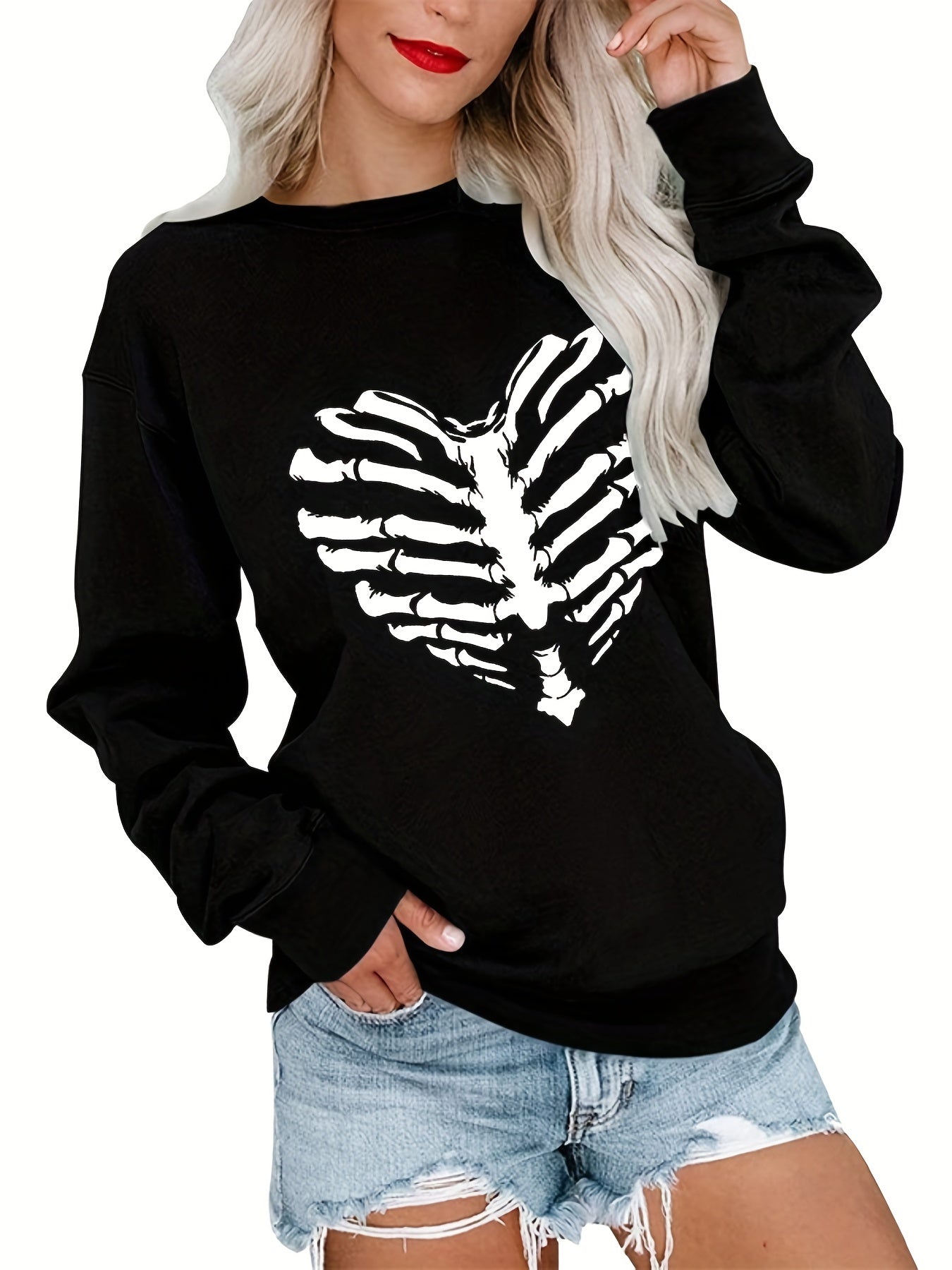 Skeleton Print Crew Neck Sweatshirt Long Sleeve