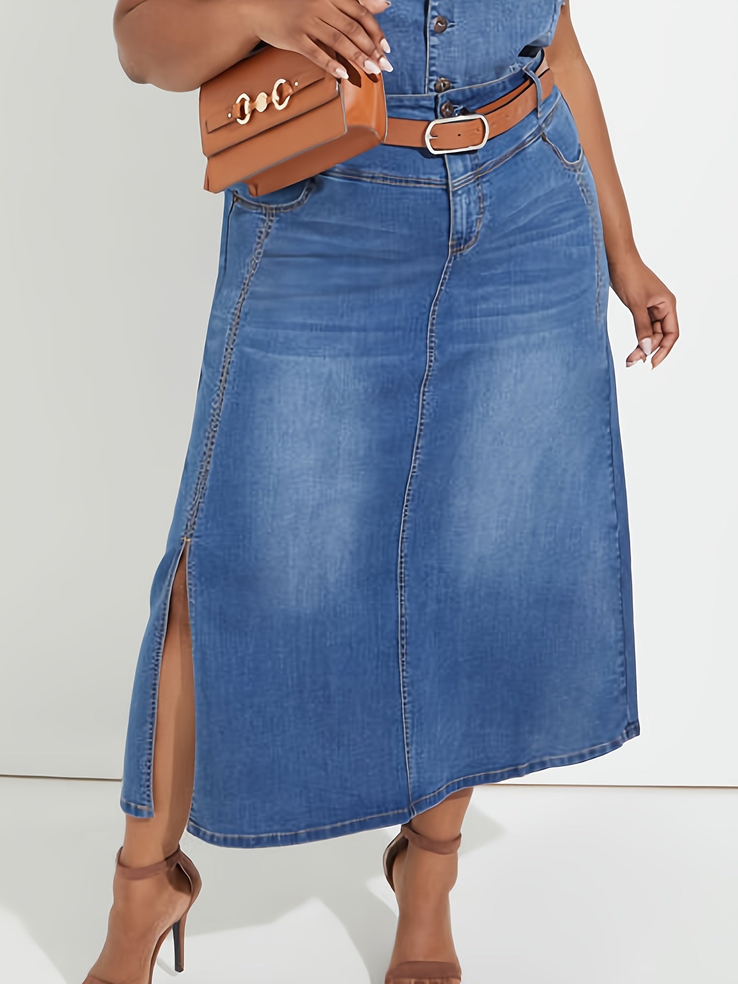 Women's Plus Solid Button Fly High Rise Denim Skirt