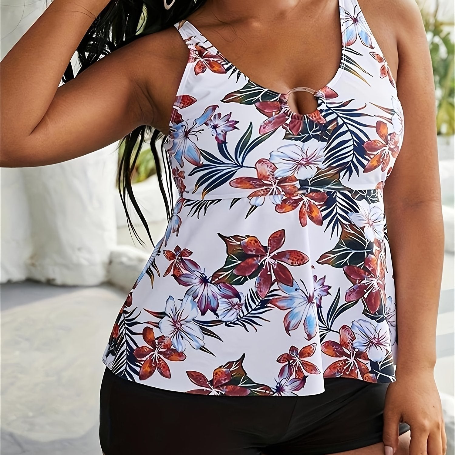 Tropical Print Tankini Set Cami Top & Shorts Swimsuit