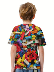 Boys' 3D Building Blocks Graphic T Shirt Active Stretchy Tee