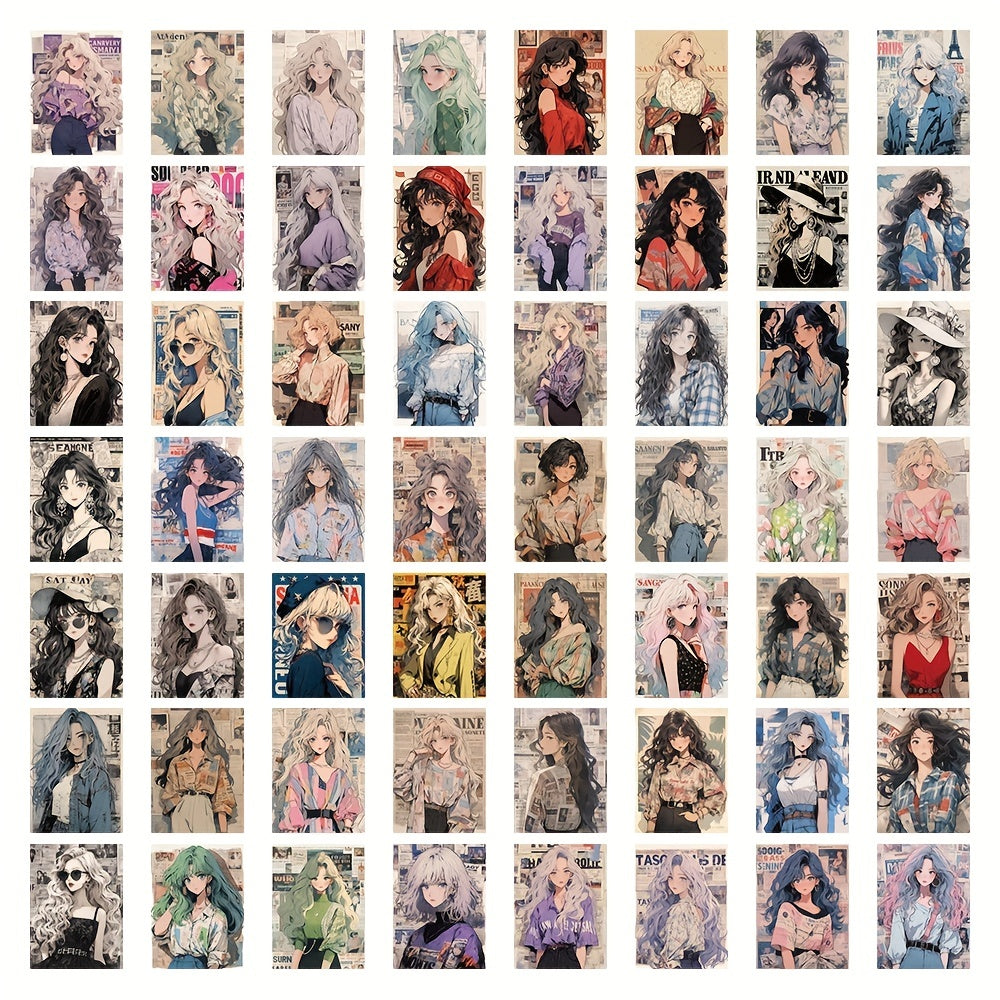 63pcs Retro Girl Cartoon Graffiti Stickers Waterproof Decorative Stickers
