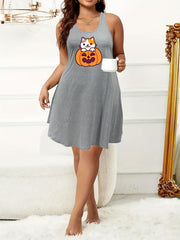 Halloween Nightdress Women's Cat & Pumpkin Print Round Neck