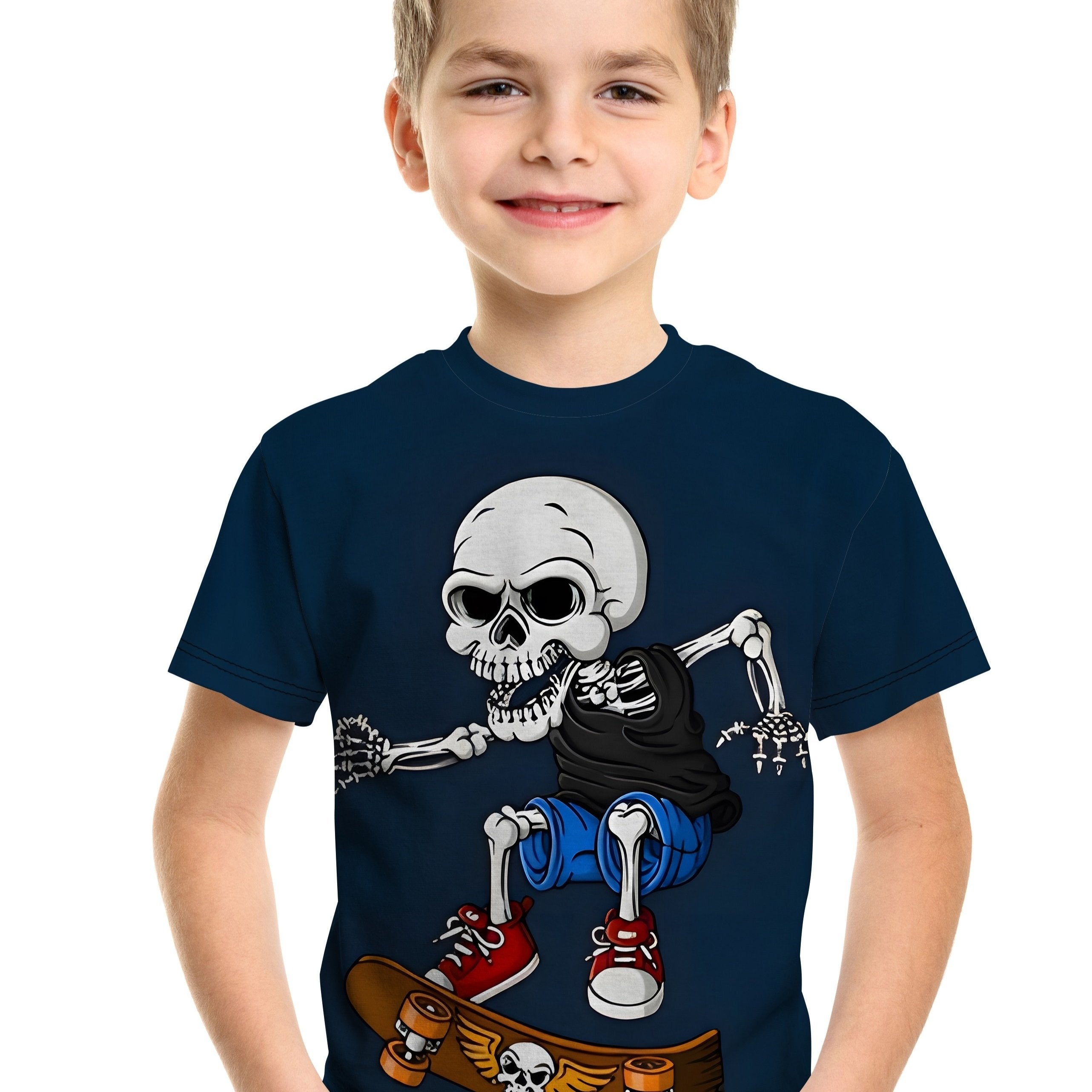 Boys Skateboard Skull Print T shirt Short Sleeve Crew Neck Top