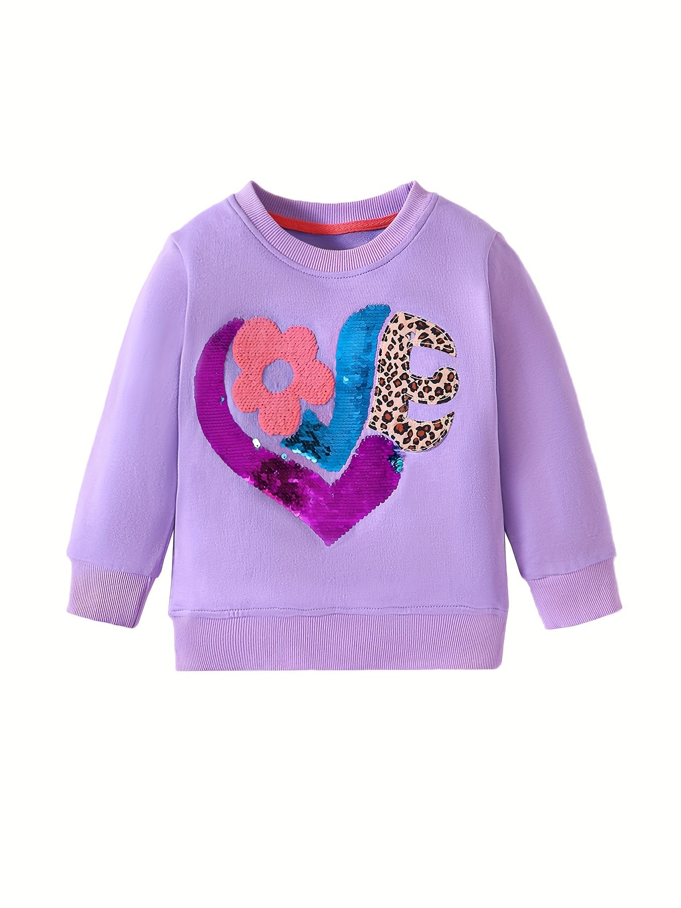 Girls Sequin Applique Crew Neck Sweatshirt Casual Fit Autumn Tops