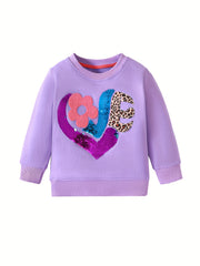 Girls Sequin Applique Crew Neck Sweatshirt Casual Fit Autumn Tops