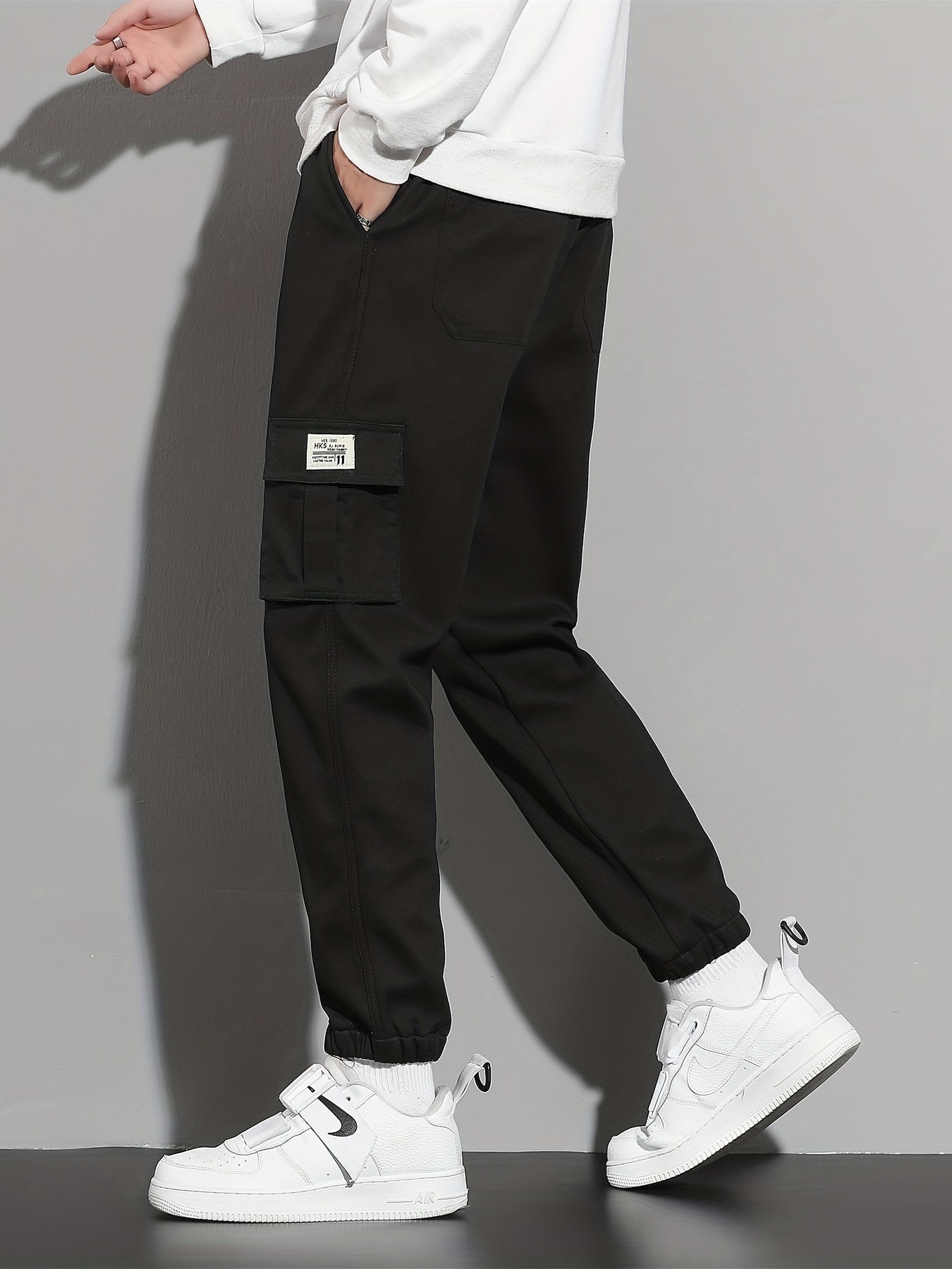 Solid Cargo Pants Men's Flap Pocket Trousers